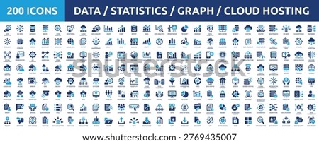 Mega icon collection concept of data, statistics, analytics, cloud computing, chart and graph. Vector illustration. Huge set of 200 solid icons.