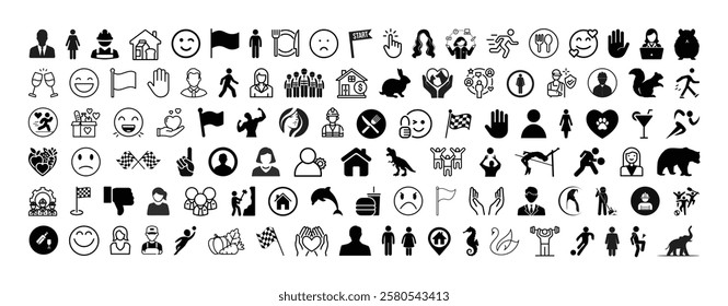 Mega icon set. emojis, emoticons,flags, Hands, man, woman, workers, fruit drinks food house, animals, activity, sport icons set design.