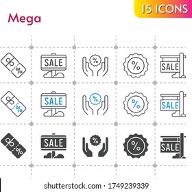 mega icon set. included sale, discount icons on white background. linear, bicolor, filled styles.