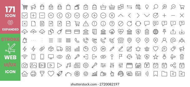 Mega icon set on UI UX design on e-commerce, shopping, bag, buy cart, delivery, payment, contact, map location, user, arrows, web and technology-based e-business symbols. Expanded stroke line icon