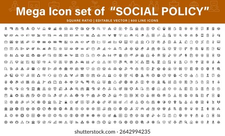 Mega icon set of Social Policy and Insuranceline icons. Outline icon collection related to education, insurance, law, goverment and more.