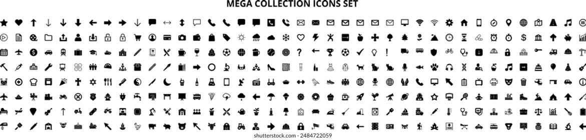 Colección. finanzas, flecha, navegación, medios de comunicación, entretenimiento, documento, interfaz, comercio electrónico, Clima, atención de la salud, medicina, tiempo. Colección de iconos de conjunto grande. Ilustración vectorial
