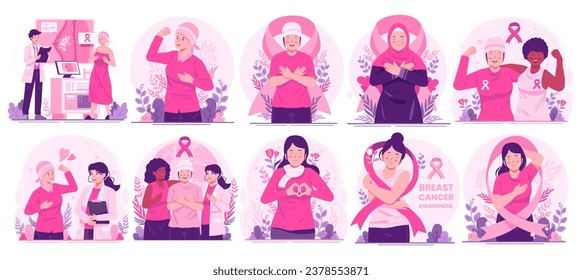 Mega Ilustración del Mes de Conciencia sobre el Cáncer de Mama. Mujeres con cintas rosadas como preocupación y apoyo para mujeres con cáncer de mama