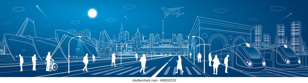 Mega infrastructure city panorama, train railway station, people walking on street, industrial and transportation illustration, night town, airplane flying, cargo port, vector design art