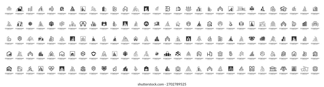 Mega logo collection. Abstract building real estate apartment logo design inspiration. Geometric shape logo icon vector isolated on black background.