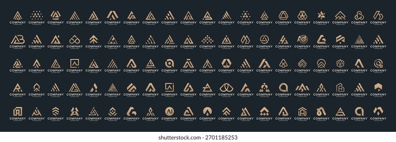 Mega logo colección. Inspiración de diseño de logotipo de letra Abstractas A. Iconos dorados para empresas, empresas y marcas.