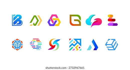 Mega logo collection with geometric abstract logo icon vector isolated on black background and white