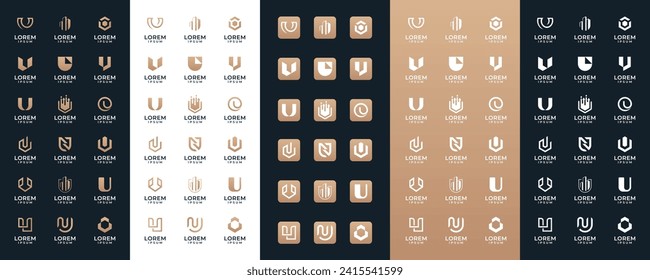 Mega logo collection Initial letter U, with icon style, Abstract design concept for branding with golden gradient.