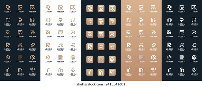 Mega logo collection Initial letter R, with icon style, Abstract design concept for branding with golden gradient.