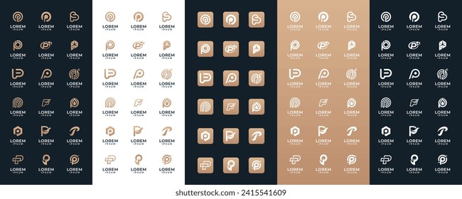 Mega logo collection Initial letter P, with icon style, Abstract design concept for branding with golden gradient.