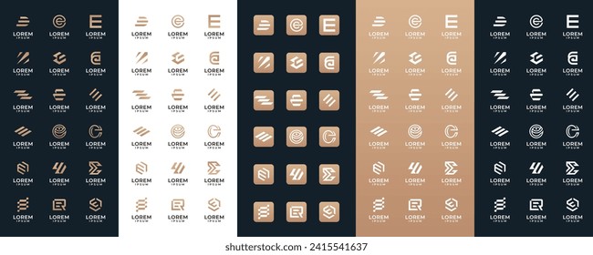 Mega logo collection Initial letter E, with icon style, Abstract design concept for branding with golden gradient.