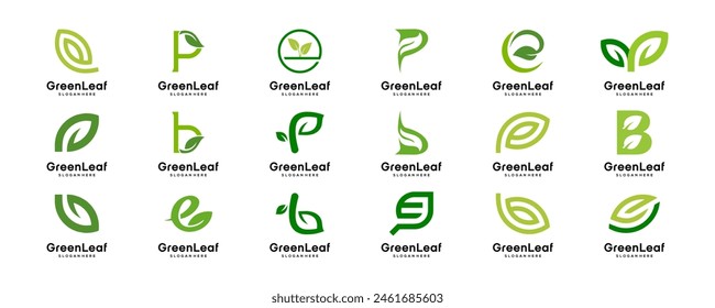 mega logo collection Initial Letter with green leaf logo design template
