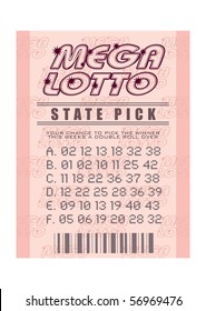 mega lottery lotto ticket with barcode and winning numbers