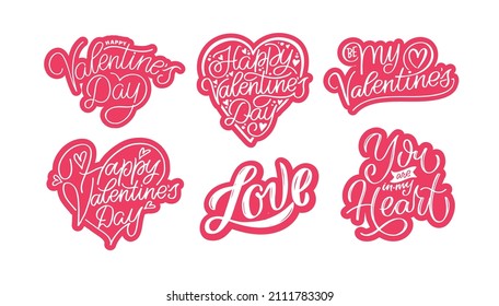 Mega love set. Happy Valenti's Day - lettering postcard. Love you, Kiss you - lettering label for t-shirt design. Love backgrounf pattern.
