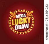 Mega Lucky Draw 3D Style Effect. Retro Vintage Elegant text effect with red and gold Background Vector Design Logo Unit 