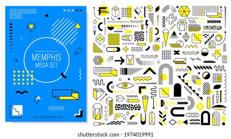 Mega Memphis set of abstract trendy geometric shapes and design elements with bright yellow color for creation advertisement, commercial banners, billboard, sale, poster, leaflet