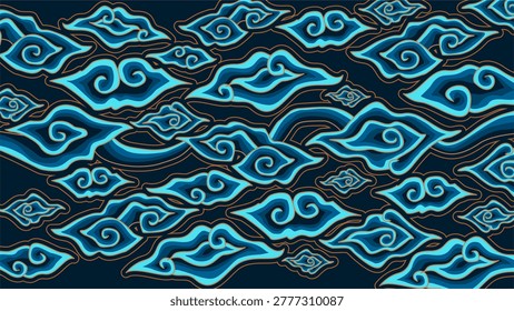 Mega Mendung batik pattern vector with blue cloud shapes. Traditional Indonesian ethnic ornament background. Seamless style illustration for textile, fabric, and cultural design
