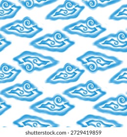 Mega Mendung motif, um típico batik motif de Cirebon, Java Ocidental, Indonésia, com um padrão de nuvem azul representando a mistura de cultura javanesa e chinesa.