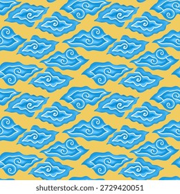 Mega Mendung motif, um típico batik motif de Cirebon, Java Ocidental, Indonésia, com um padrão de nuvem azul representando a mistura de cultura javanesa e chinesa.
