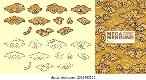 Mega Mendung motif, Batik Mega Seamless patrón, batik motif típico de Java Occidental Indonesia, línea curva con objetos en la nube, con desarrollos y varios colores artísticos, 