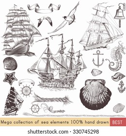 Mega nautical pack with ships, shells and other sea elements for your design