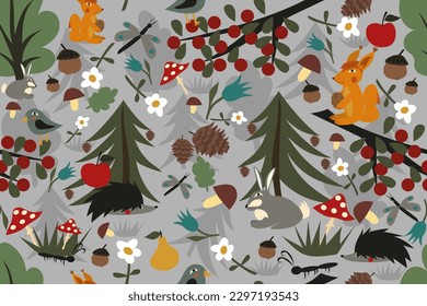 Mega nice and cute forest elements, animals, trees, plants, collection. Festive nature seamless vector pattern for design and decoration.