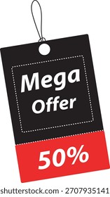 Mega Oferta 50% Fora Preto e Vermelho Hang Tag Venda Etiqueta Vetor Ilustração