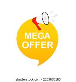 Mega offer banner ribbon design, megaphone icon. Isolated on white background. Business recruitment concept. Alert banner with megaphone, marketing and advertising. Vector illustration