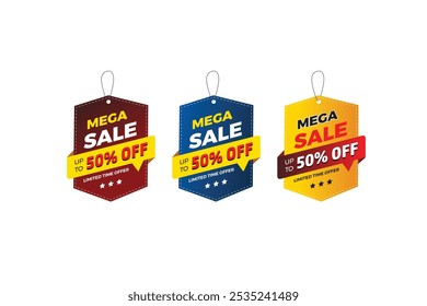 Mega offer dangler Vector template design, 50% off, 60% off, 70% off,. Set of Sale banner and Discount label vector design.
Mega sale banner template. Special offer discount multiple color.