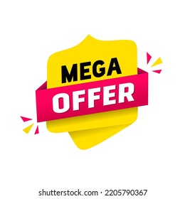 Mega offer ribbon banner design icon with megaphone. Vector illustration isolated on white background.