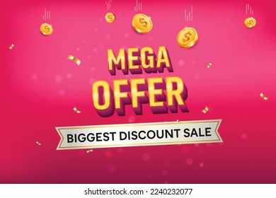 Mega Offer Sale 3D text on pink background Big Sale. Raining gold credit coins. Biggest discount sale credit concept.