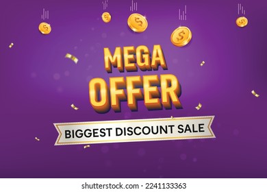 Mega Offer Sale 3D text on purple background Big Sale. Raining gold credit coins. Biggest discount sale credit concept.