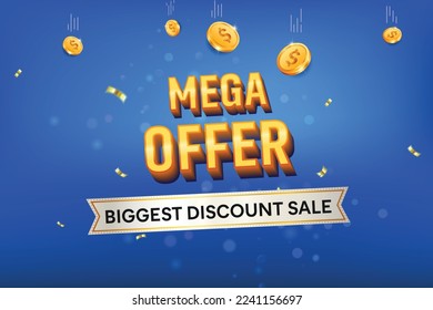 Mega Offer Sale 3D text on blue background Big Sale. Raining gold credit coins. Biggest discount sale credit concept.