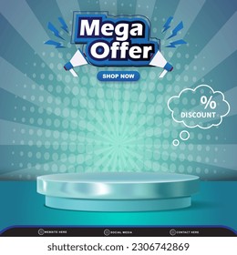 mega offer sale discount for social media post template banner with blank space 3d podium for product sale with abstract gradient blue background design