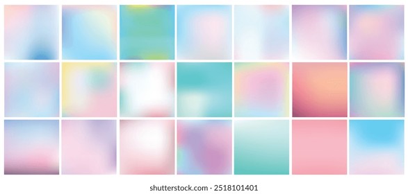 Mega pack of 20 blurred abstract background. Pastel tone color collection set. Hologram and fantasy art of color. Wallpaper and Texture concept. Vector illustration. Color trendy