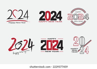 mega pack of 2024 Happy New Year logo text design. Vector illustration with black and red labels isolated on white background