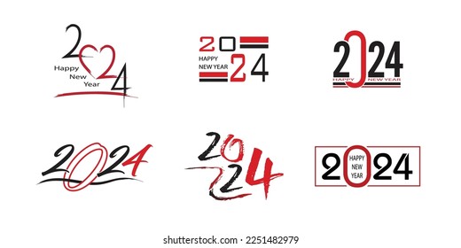mega paquete de diseño de texto del logo de Año Nuevo Feliz 2024. Ilustración de vectores con etiquetas negras y rojas aisladas en fondo blanco