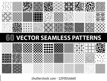 Mega pack of 60 black and white vector seamless detailed patterns: abstract, vintage, retro, animals, cloth, technology and geometric. Vector illustration