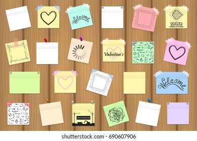 Mega pack of colored office paper stickers on wooden board. Vector illustration