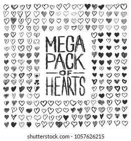 Mega pack hand drawn hearts. Handdrawn rough marker hearts isolated on white background. Vector illustration for your graphic design