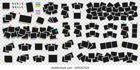 Mega pack of realistic photo frames on sticky tape, pins and rivets. Template photo design. Colored metal pins and paper stickers set. Isolated on transparent background. Vector