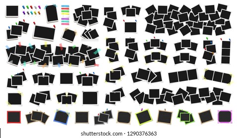 Mega pack of realistic vector photo frames on sticky tape, pins and rivets. Template photo design. Colored metal pins and paper stickers set. Isolated on white background. Vector illustration