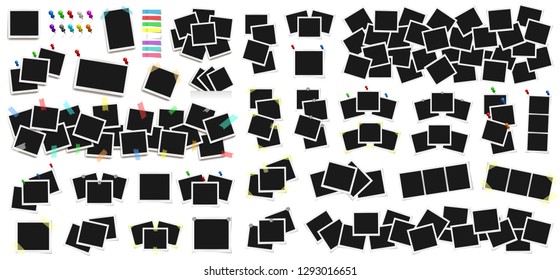 Mega pack of realistic vector photo frames on sticky tape, pins and rivets. Template photo design. Colored metal pins and paper stickers set. Isolated on white background. Vector illustration