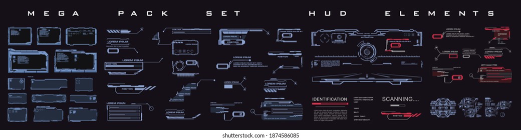 Mega pack set HUD elements in cyber style. Techno frames, callouts, information blocks, robotics elements. Rooted cyber techno frame for the HUD user interface