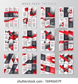 Mega pack tri-fold design template brochure set red color.