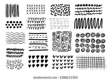 Mega pack vector brushes, strokes and spots. Set of templates paint wavy, curly, dotted, straight and zigzag hand drawing marker lines