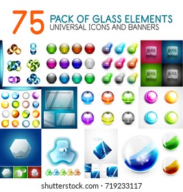 Mega pack of vector glass glossy design elements - shapes, icons, squares buttons and other