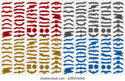 Mega pack of vintage embroidered red, black, golden and blue ribbons and stumps isolated on transparent background. Can be used for banner, award, sale, icon, logo, label etc. Vector illustration