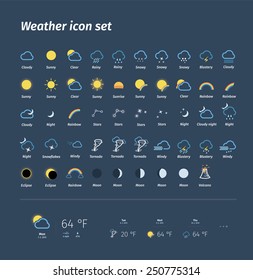 Mega pack of weather icons. All icons for weather with sample of use. 49 weather icons set. 100% vector, eps 10.