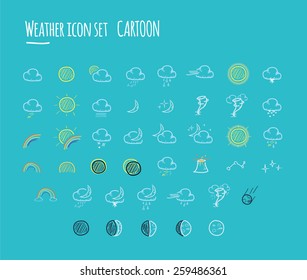 Mega pack of weather icons. All icons for weather with sample of use. 49 weather icons set. 100% vector, eps 10. Cartoon icons. Drawn icons.